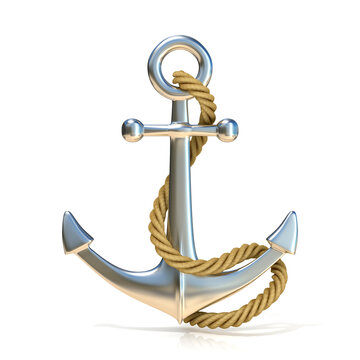 Steel anchor with rope isolated on a white background. 3D render illustration.