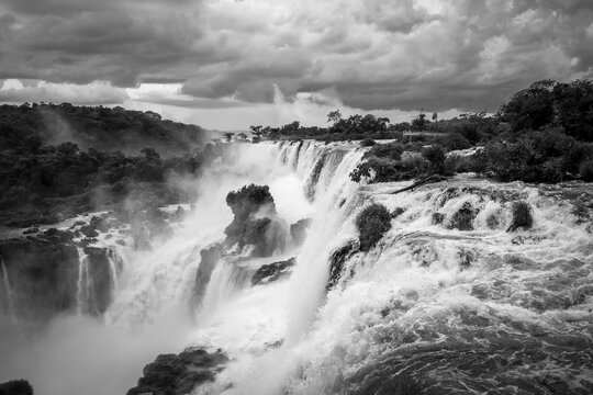 iguazu falls national park. tropical waterfalls and rainforest landscape. Black and white