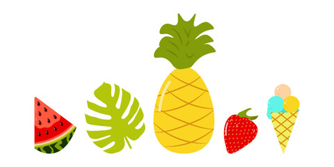 Set of summer elements, beach, summer accessory. Watermelon, palm leaf, pineapple, strawberry and ice cream. Rest. Vector flat illustration.