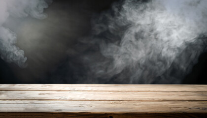 Dark empty wooden table with smoke float up on dark wall background. Free space for your decoration.