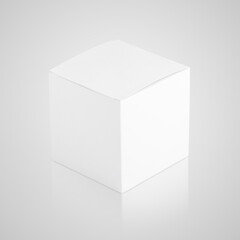 Closed white cardboard box on gray background with clipping path. White paper box with reflection