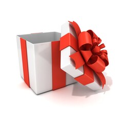 Open, empty, white gift box with red ribbon, 3D render isolated on white background