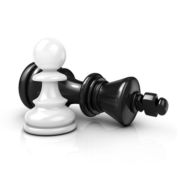 White pawn standing over fallen black king isolated on white background