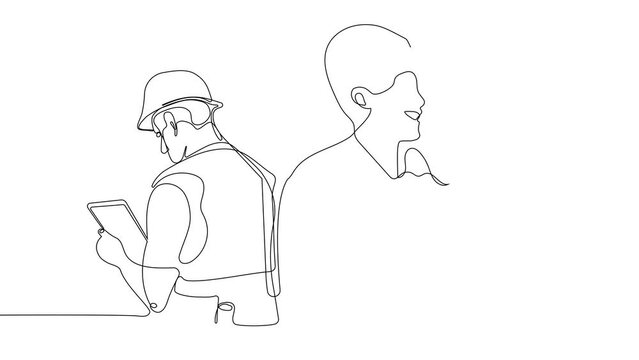 Animated drawing of continuous line draw architect meeting at construction site to talk blueprint design to team member. Building architecture concept. Single line animation. High quality 4k footage