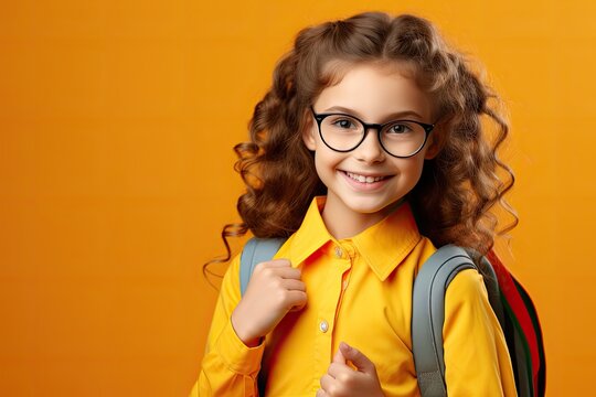 Cute little school girl carrying a backpack looking at the camera on yellow background