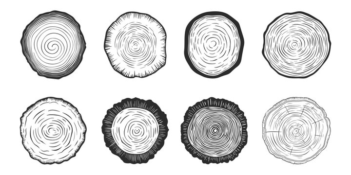 Vector Tree Rings, Saw Cut Tree Trunk, Wood Log, Cross. Pine, Oak Slices, Lumber. Cut Timber, Wooden Texture with Tree Rings. Hand Drawn Design Elements Set