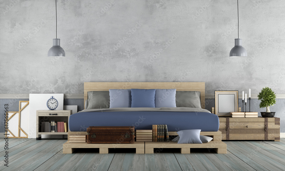 Poster master bedroom in rustic style with pallet double bed - 3d rendering