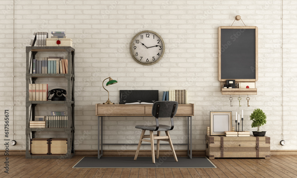 Aufkleber home workspace in industrial style with desk,bookcase and retro objects - 3d rendering