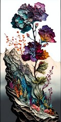Astounding intricate mountain flowers in shifting colors Alcohol Ink illustration 