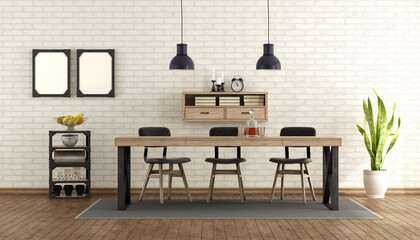 Dining room in industrial style with table and chairs - 3d rendering