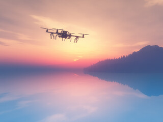 Fototapeta na wymiar 3D rende of a drone flying over a sunset ocean