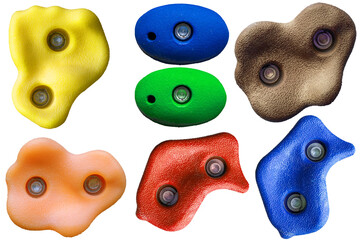 Set of grips different colors and shapes for climbing wall isolated on white background / set collection of various artificial climbing holds with clipping path / bouldering extreme sport © Dennis Hoeren