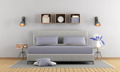 Minimalist gray and lilac master bedroom - 3d rendering