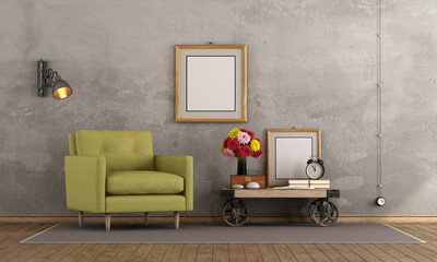 Retro living room with green armchair and coffee table in industrial style - 3d rendering