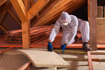 Man laying rockwool panels in the attic of a house - measuring the space between wooden scaffolding