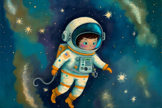 child astronaut in space with stars folk art 