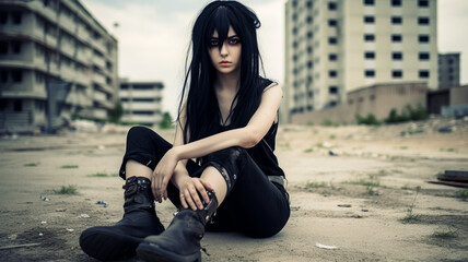 Fototapeta premium young adult woman, black hair and black eyeshadow