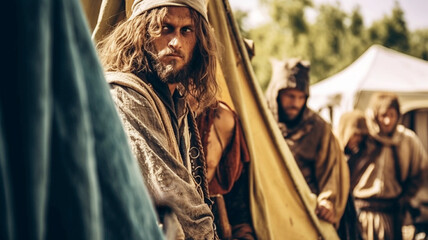 Naklejka premium knightly period or similar, men in ancient clothing, tents, bandits or robbers, fictitious place, caucasian, knightly period