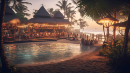 Fototapeta premium blurred background, swimming pool, tropical beach paradise with many tourists at sunset, fictional location
