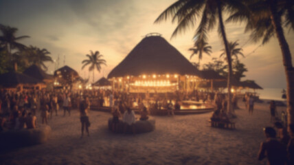 blurred background, tropical beach paradise with many tourists at sunset, fictional location