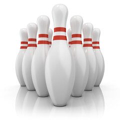 Bowling pins with red stripes, grouped and isolated on white. Front view