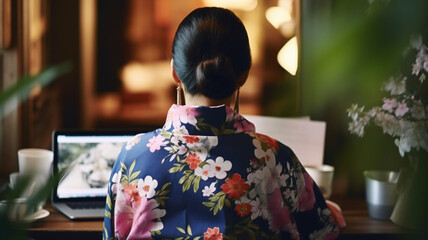 adult woman works in a conservatory or garden cafe or indoors on a laptop computer notebook, lots of plants and greenery