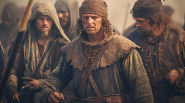 knightly period or similar, men in ancient clothing, tents, bandits or robbers, fictitious place, caucasian, knightly period