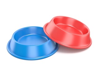 Blue and red pet bowl for food. 3D rendering illustration isolated on white background