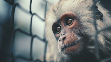 a monkey in a cage, fictional, waiting or sad look and sad expression, caged wild animal, fictional animal and happening