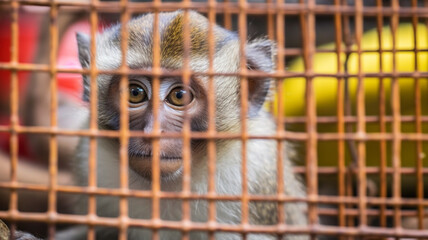 a monkey in a cage, fictional, waiting or sad look and sad expression, caged wild animal, fictional animal and happening