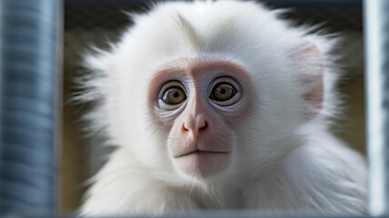 a monkey in a cage, fictional, waiting or sad look and sad expression, caged wild animal, fictional animal and happening