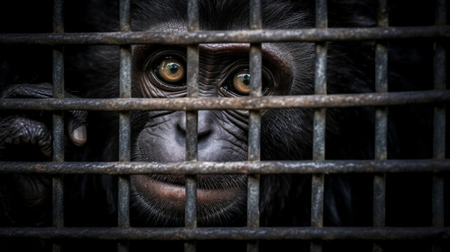 a monkey in a cage, fictional, waiting or sad look and sad expression, caged wild animal, fictional animal and happening