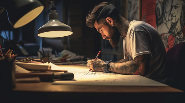adult man with tattoos and a full beard at a wooden table with paper, draws and plans something, planning and ideas, fictitious