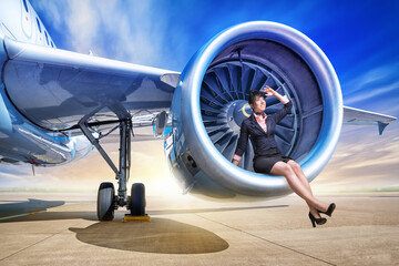 woman sitting on a turbine of an airplane