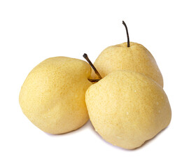 Three fresh yellow Chinese pears isolated on white background with clipping path