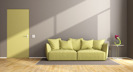 Brown and green living room with elegant sofa and closed door - 3d rendering