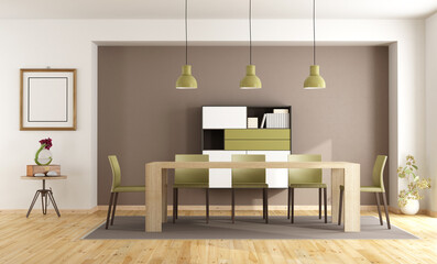 Modern dining room with wooden table, chairs and sideboard - 3d rendering