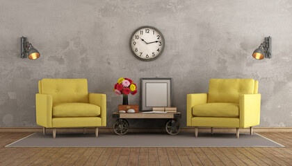 Retro living room with two yellow armchairs and coffee table in industrial style - 3d rendering