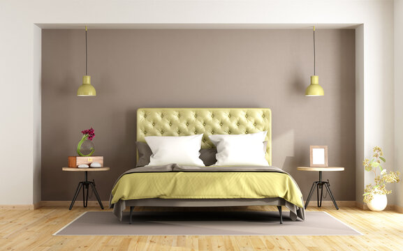 Brown and green master bedroom with double bed and nightstand - 3d rendering