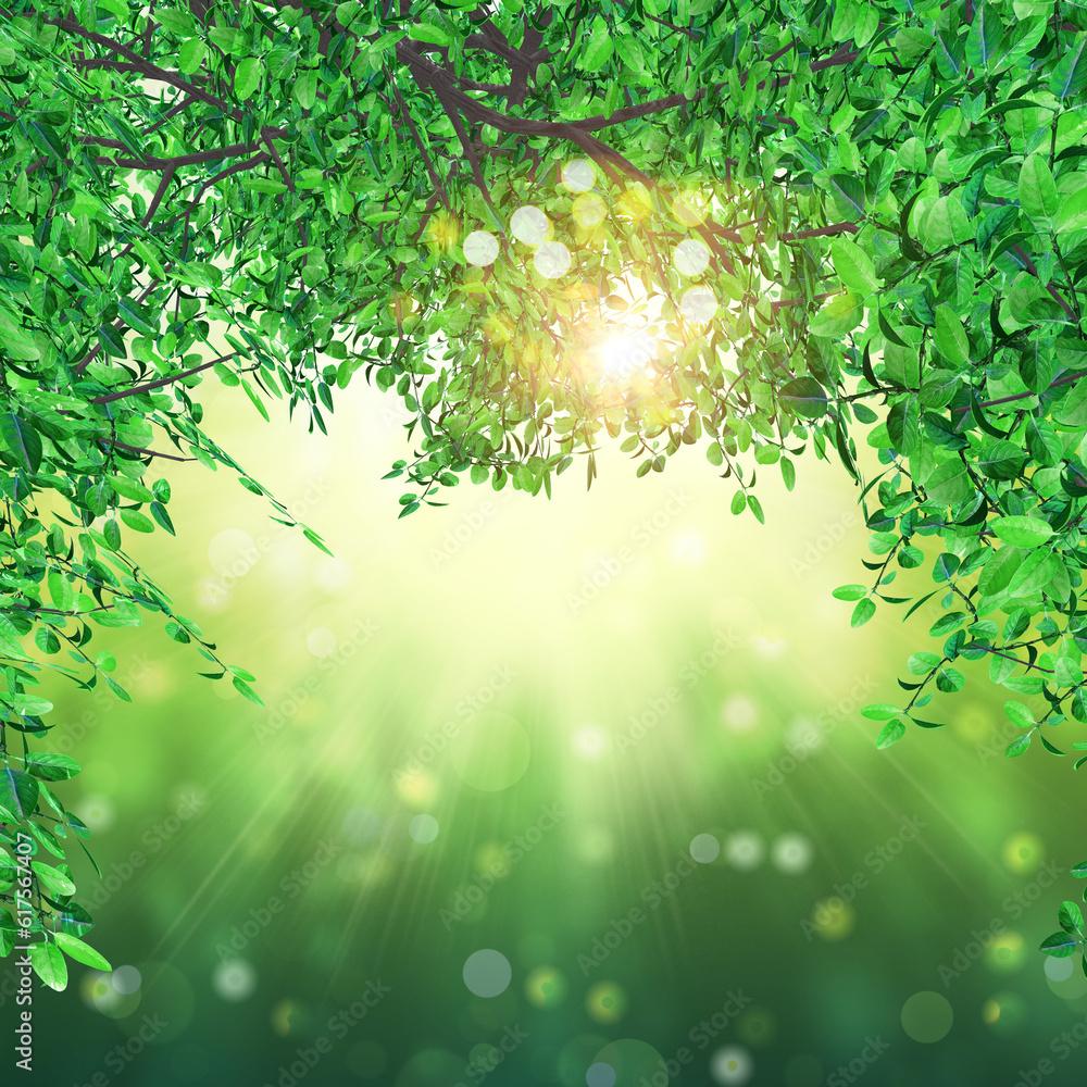 Poster 3d render of leaves on bokeh lights background