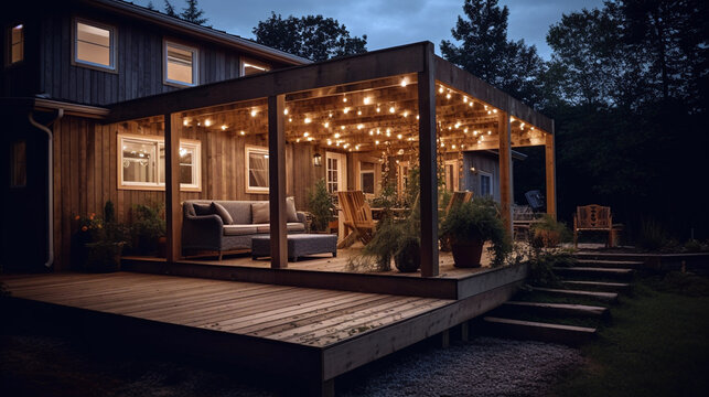 Wooden deck and patio of family home at night