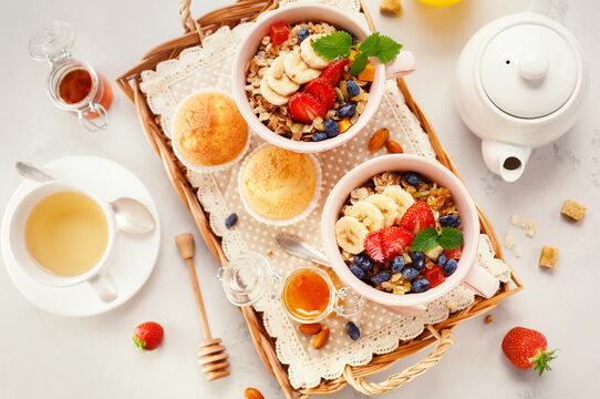 Healthy Breakfast with oatmeal and fresh berries. Concept for healthy eating and nutrition. Top view.