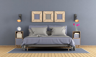 Modern master bedroom elegant bed,nightstand and wooden frame on wall - 3d rendering