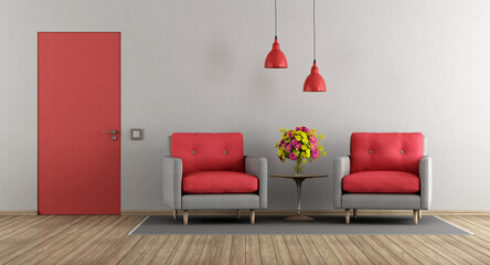 Red and gray modern living room with two armchair and closed door - 3d rendering