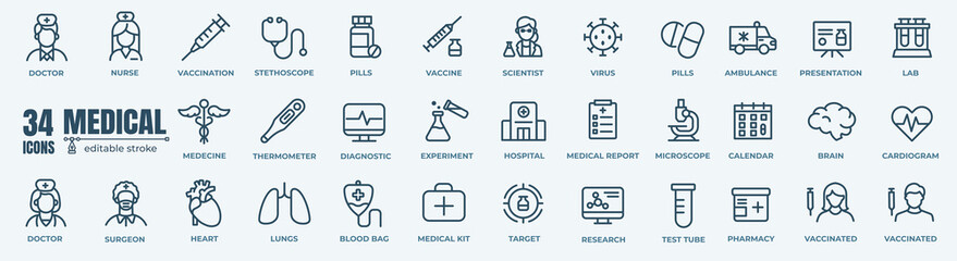 Medicine and Health symbols - minimal thin line web icon set. Outline icons collection. Simple vector illustration. - obrazy, fototapety, plakaty