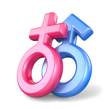 Pink female and blue male sex symbols. Mars and Venus symbols. 3D render illustration isolated on white background