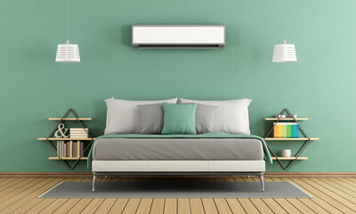 Green modern master bedroom with air conditioner - 3d rendering