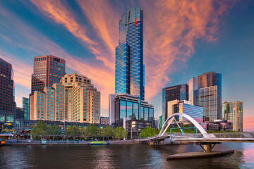 Naklejka premium Cityscape image of Melbourne, Australia during summer sunrise.