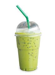 Iced matcha green tea with condensed milk in transparent plastic glass isolated on white background with clipping path. and shadow in png file format
