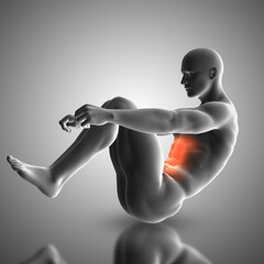 3D render of a male figure doing crunch exercise showing muscles used